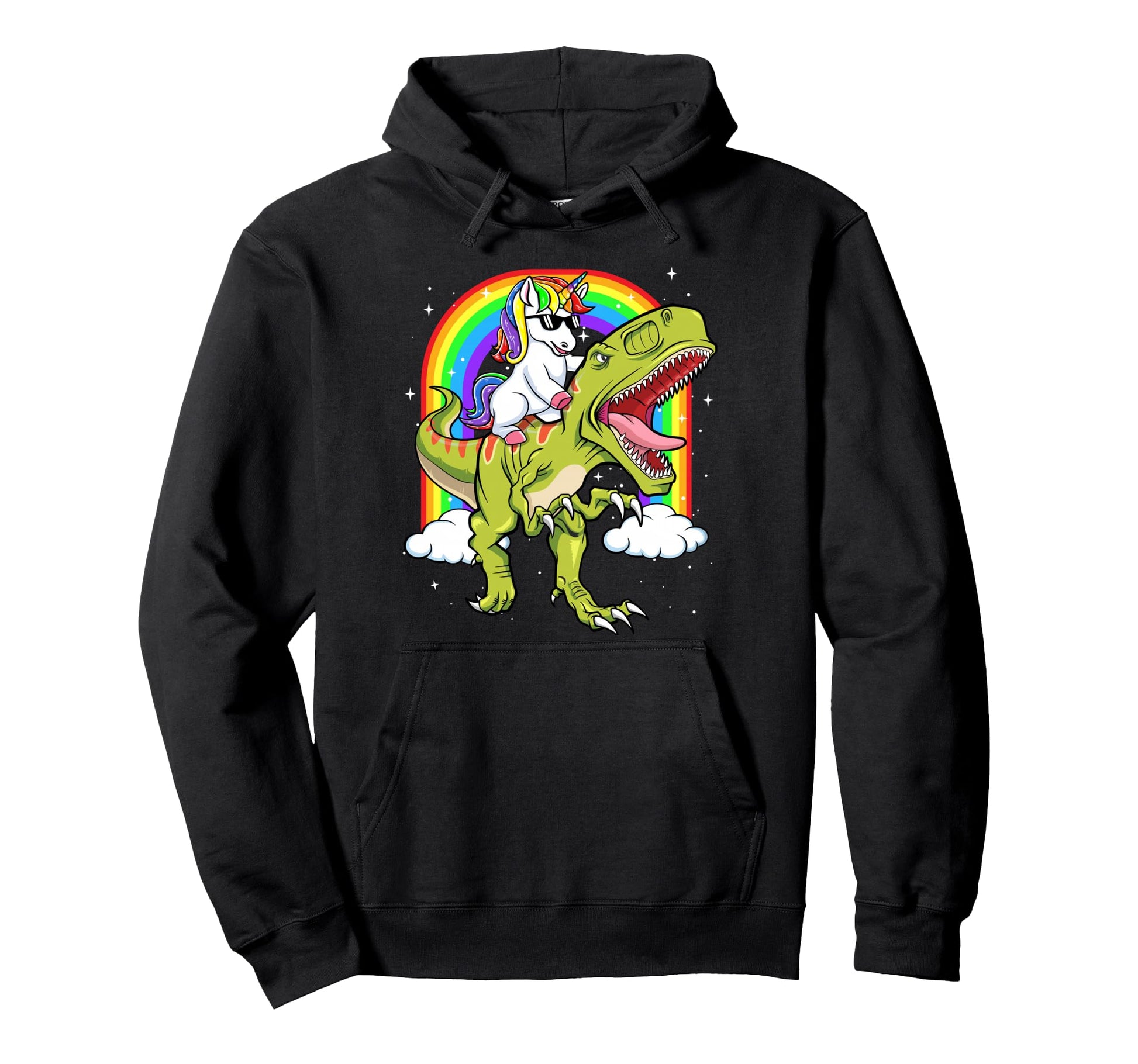 Rainbow Unicorn Riding T Rex Dinosaur Hoodie - Custom Art Print for Adults - T-Shirt, Sweatshirt, Hoodie