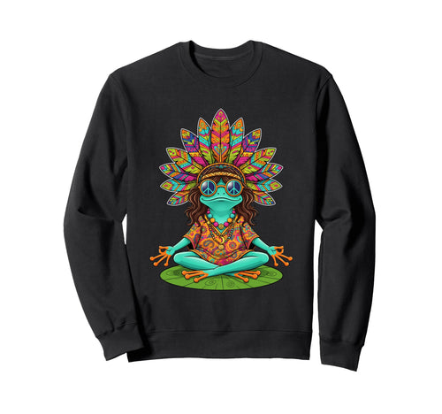 Hippie Frog Peace Sign Meditation Sweatshirt - Aesthetic Graphic Unisex - T-Shirt, Sweatshirt, Hoodie