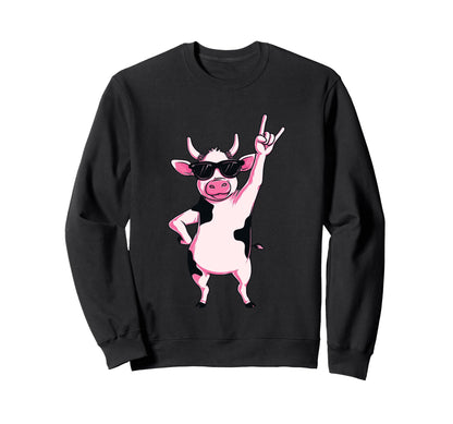 Cow Sunglasses Rock Hand Sign Punk Sweatshirt - Minimalist Print Unisex - T-Shirt, Sweatshirt, Hoodie