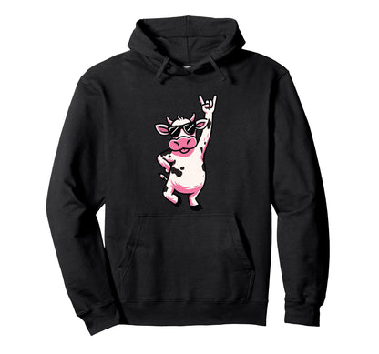 Cow Sunglasses Rock Hand Sign Punk Animal Hoodie - Aesthetic Graphic Unisex - T-Shirt, Sweatshirt, Hoodie