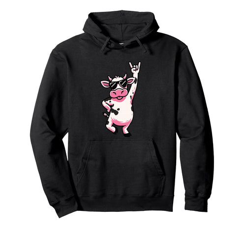 Cow Sunglasses Rock Hand Sign Punk Animal Hoodie - Aesthetic Graphic Unisex - T-Shirt, Sweatshirt, Hoodie