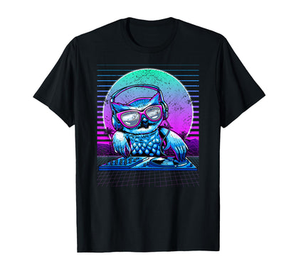 Dj Owl Synthwave Aesthetic Party Music T-Shirt - Novelty Apparel Unisex - T-Shirt, Sweatshirt, Hoodie