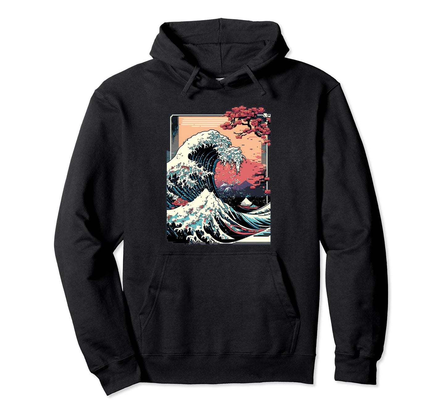Vaporwave Glitch Aesthetic Great Wave Hoodie - Casual Everyday Wear Unisex - T-Shirt, Sweatshirt, Hoodie