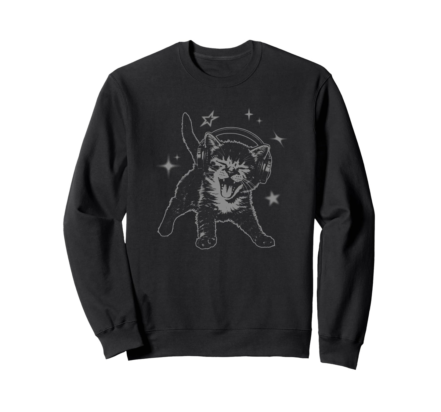Cat Headphones Stars Silly 90S Sweatshirt - Minimalist Print Men Women - T-Shirt, Sweatshirt, Hoodie