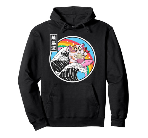 Happy Cat Eating Ramen Rainbow Kanagawa Hoodie - Graphic Print for Adults - T-Shirt, Sweatshirt, Hoodie