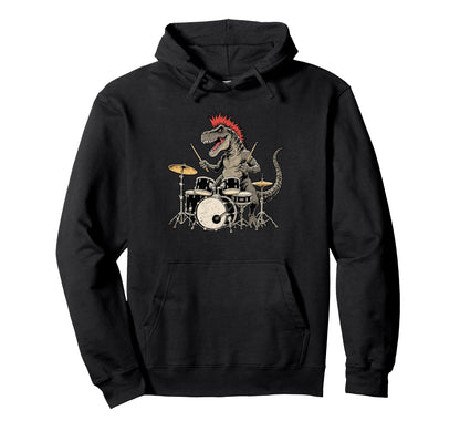 Punk Rock T Rex Dinosaur Playing Drum Hoodie - Novelty Apparel Men Women - T-Shirt, Sweatshirt, Hoodie