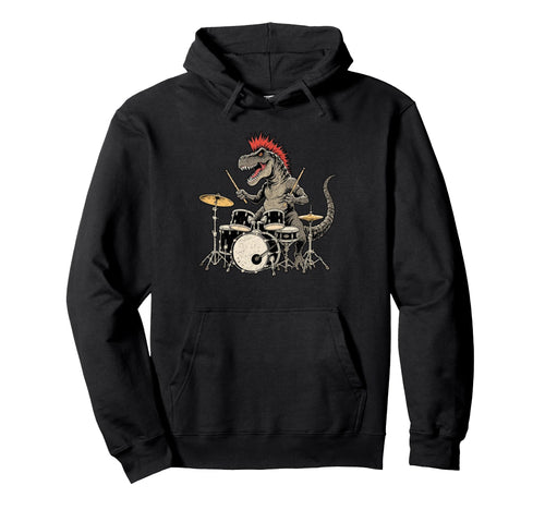 Punk Rock T Rex Dinosaur Playing Drum Hoodie - Novelty Apparel Men Women - T-Shirt, Sweatshirt, Hoodie