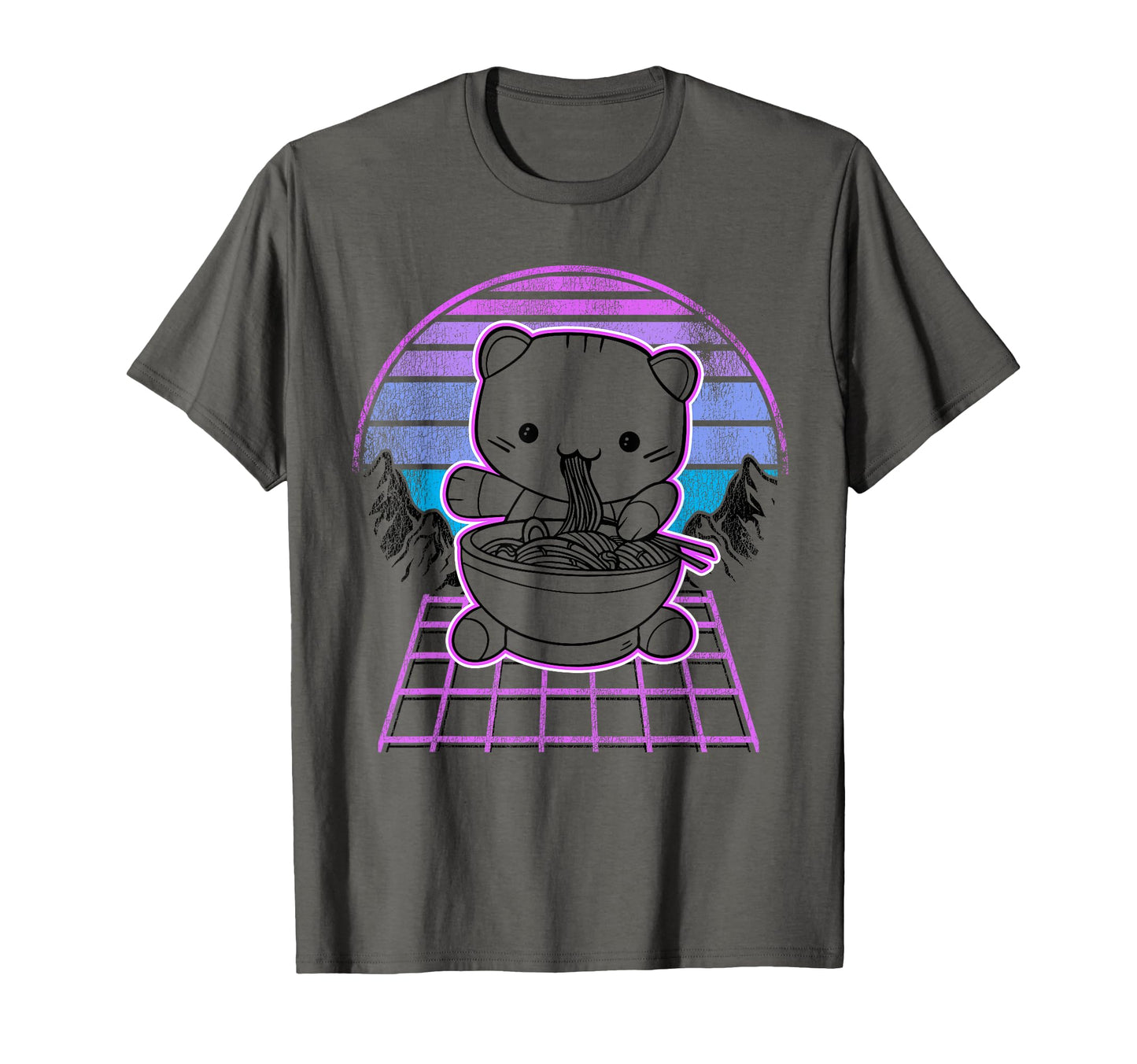 Ramen Cat Kawaii Retrowave Sunset T-Shirt - Fun Novelty Design for Adults - T-Shirt, Sweatshirt, Hoodie
