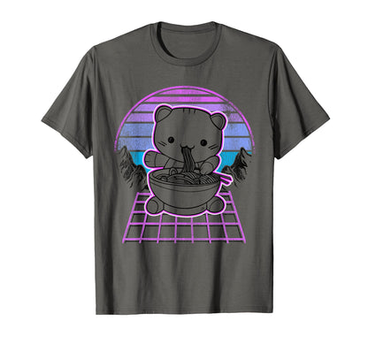 Ramen Cat Kawaii Retrowave Sunset T-Shirt - Fun Novelty Design for Adults - T-Shirt, Sweatshirt, Hoodie