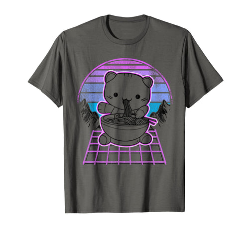 Ramen Cat Kawaii Retrowave Sunset T-Shirt - Fun Novelty Design for Adults - T-Shirt, Sweatshirt, Hoodie