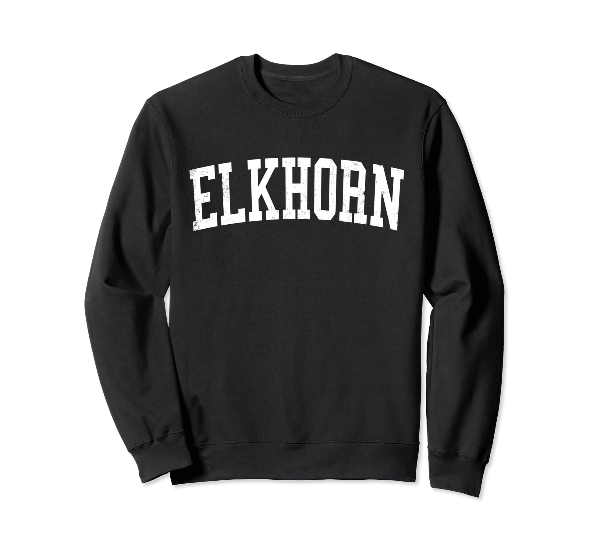 Elkhorn Wi Distressed White Varsity Sweatshirt - Graphic Print Unisex - T-Shirt, Sweatshirt, Hoodie