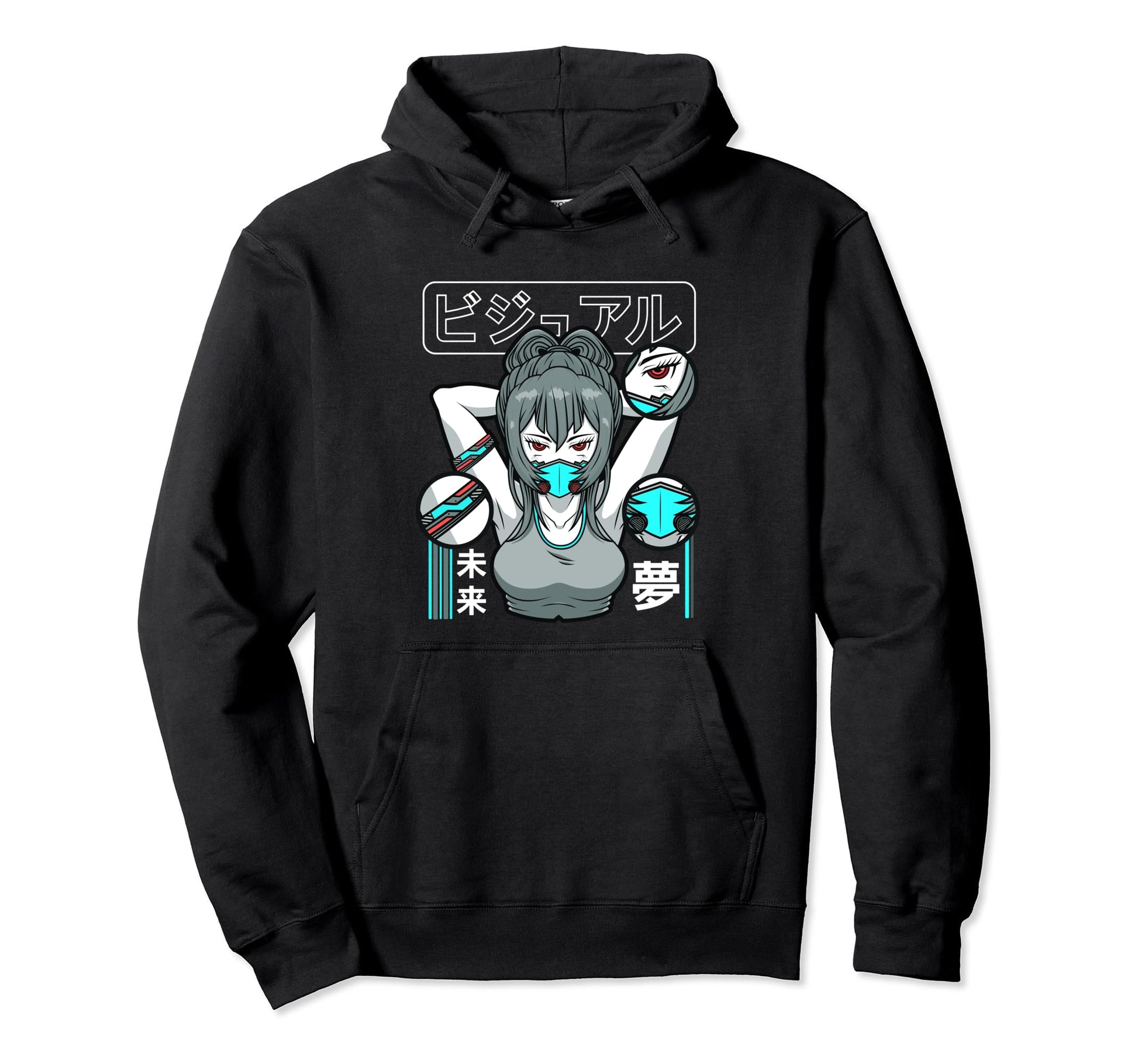 Aesthetic Vaporwave Waifu Anime Mask Hoodie - Fun Novelty Design Men Women - T-Shirt, Sweatshirt, Hoodie