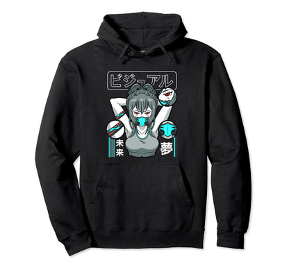 Aesthetic Vaporwave Waifu Anime Mask Hoodie - Fun Novelty Design Men Women - T-Shirt, Sweatshirt, Hoodie