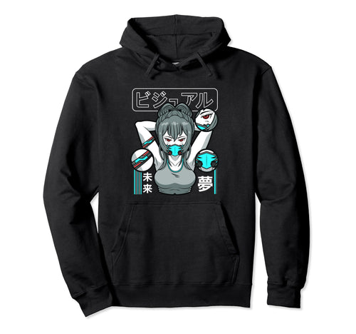 Aesthetic Vaporwave Waifu Anime Mask Hoodie - Fun Novelty Design Men Women - T-Shirt, Sweatshirt, Hoodie