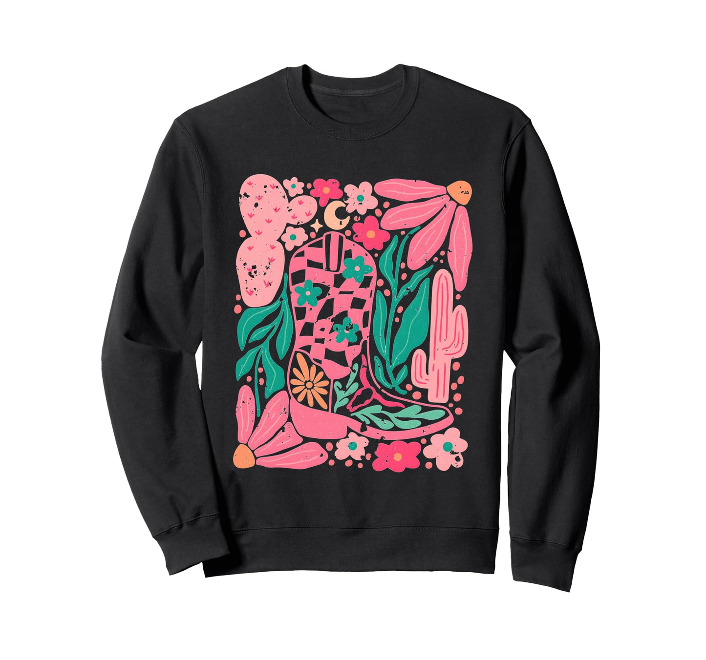 Western Boho Cowgirl Boot Hat Flower Sweatshirt - Minimalist Print Unisex - T-Shirt, Sweatshirt, Hoodie