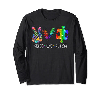 Peace Love Puzzle Ribbon Autism Awareness T-Shirt - Custom Art Print Unisex - T-Shirt, Sweatshirt, Hoodie