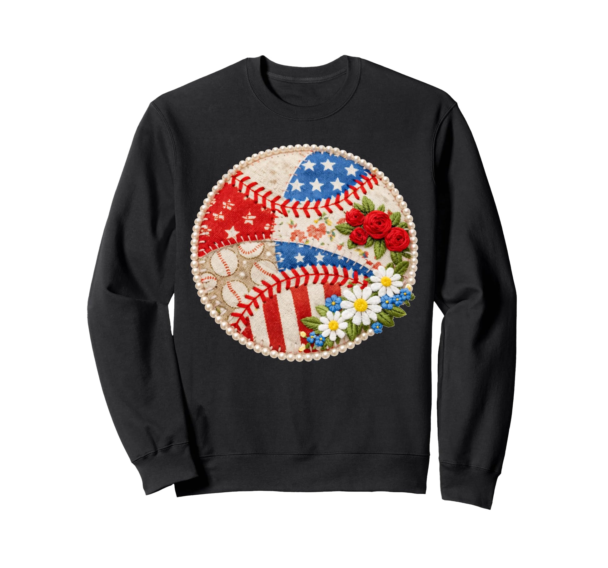 Patchwork Pearl Floral Baseball Sweatshirt - Unique Graphic Men Women - T-Shirt, Sweatshirt, Hoodie