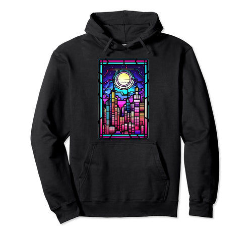 Stained Glass Vaporwave Japanese City Hoodie - Unique Graphic Unisex - T-Shirt, Sweatshirt, Hoodie