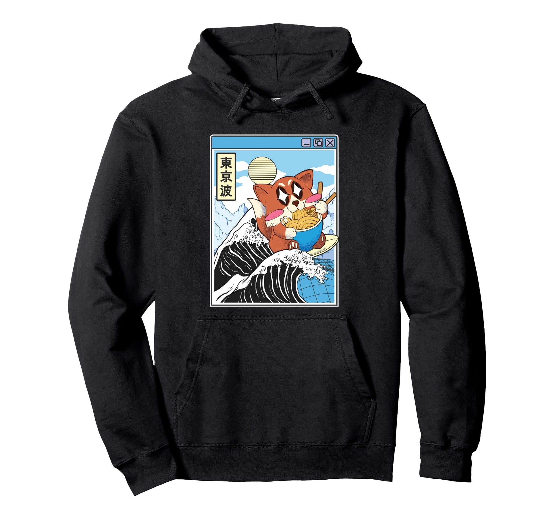 Fox Surfing Kanagawa Wave Kawaii Hoodie - Graphic Print Men Women - T-Shirt, Sweatshirt, Hoodie