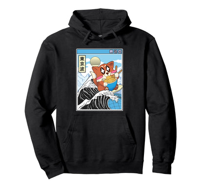 Fox Surfing Kanagawa Wave Kawaii Hoodie - Graphic Print Men Women - T-Shirt, Sweatshirt, Hoodie