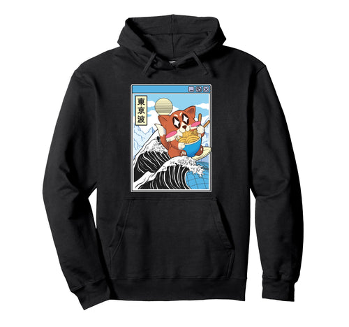 Fox Surfing Kanagawa Wave Kawaii Hoodie - Graphic Print Men Women - T-Shirt, Sweatshirt, Hoodie