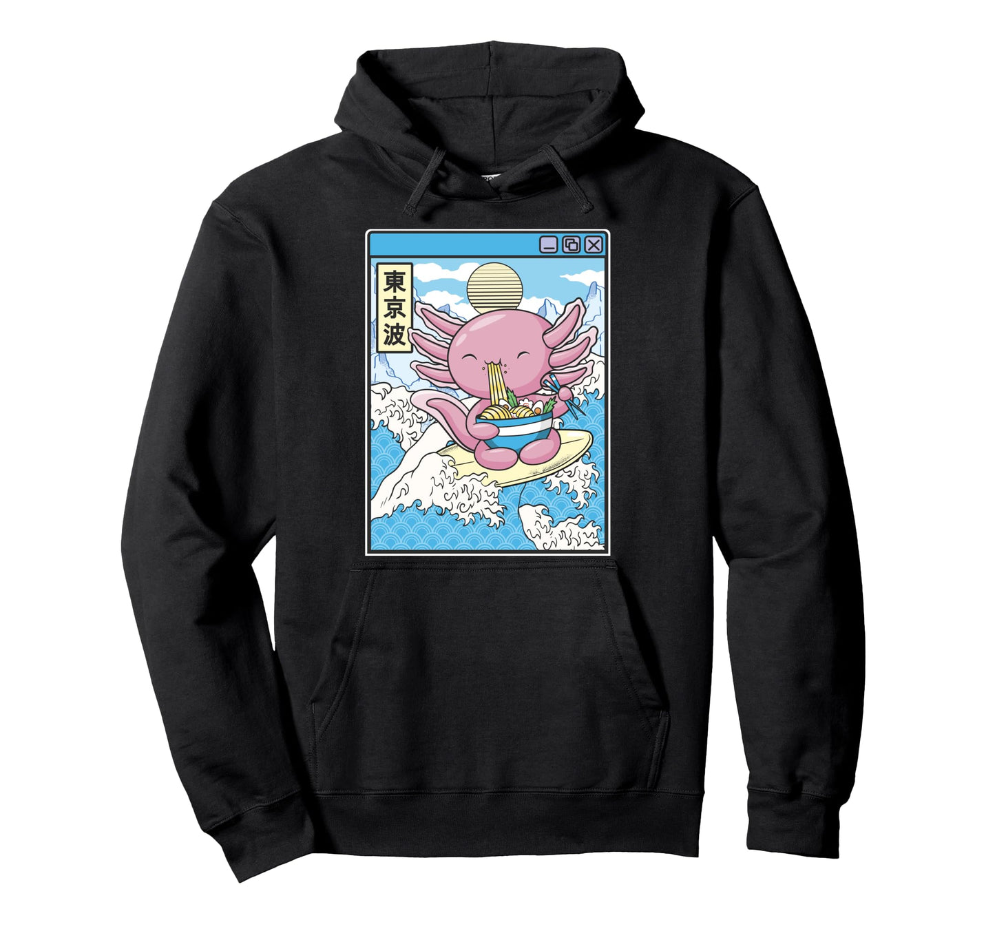 Axolotl Eating Ramen Surfing Japan Waves Hoodie - Unique Graphic Men Women - T-Shirt, Sweatshirt, Hoodie