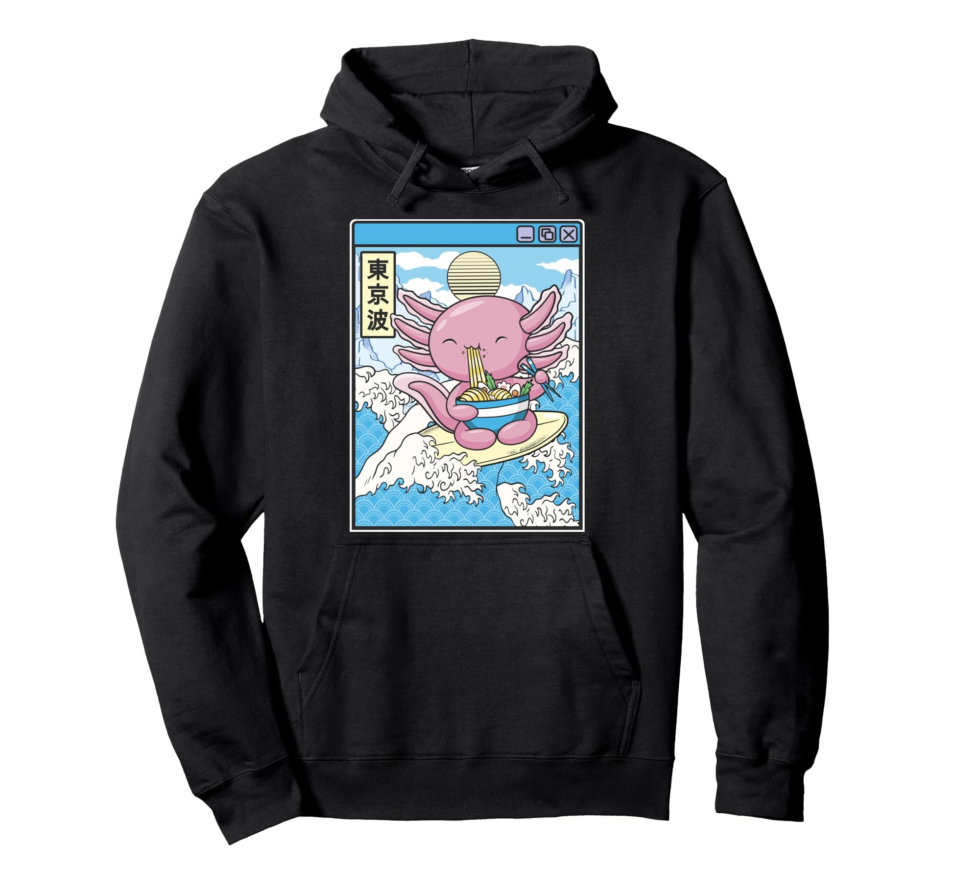 Axolotl Eating Ramen Surfing Japan Waves Hoodie - Unique Graphic Men Women - T-Shirt, Sweatshirt, Hoodie