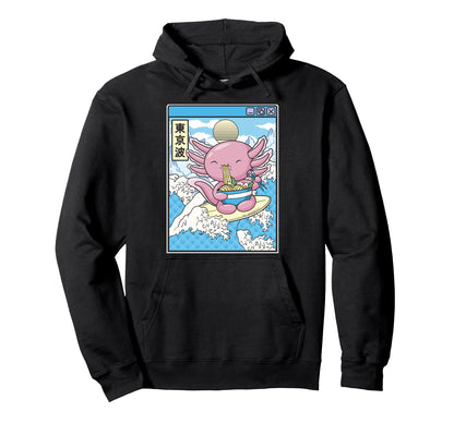 Axolotl Eating Ramen Surfing Japan Waves Hoodie - Unique Graphic Men Women - T-Shirt, Sweatshirt, Hoodie
