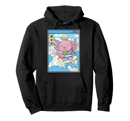 Axolotl Eating Ramen Surfing Japan Waves Hoodie - Unique Graphic Men Women - T-Shirt, Sweatshirt, Hoodie
