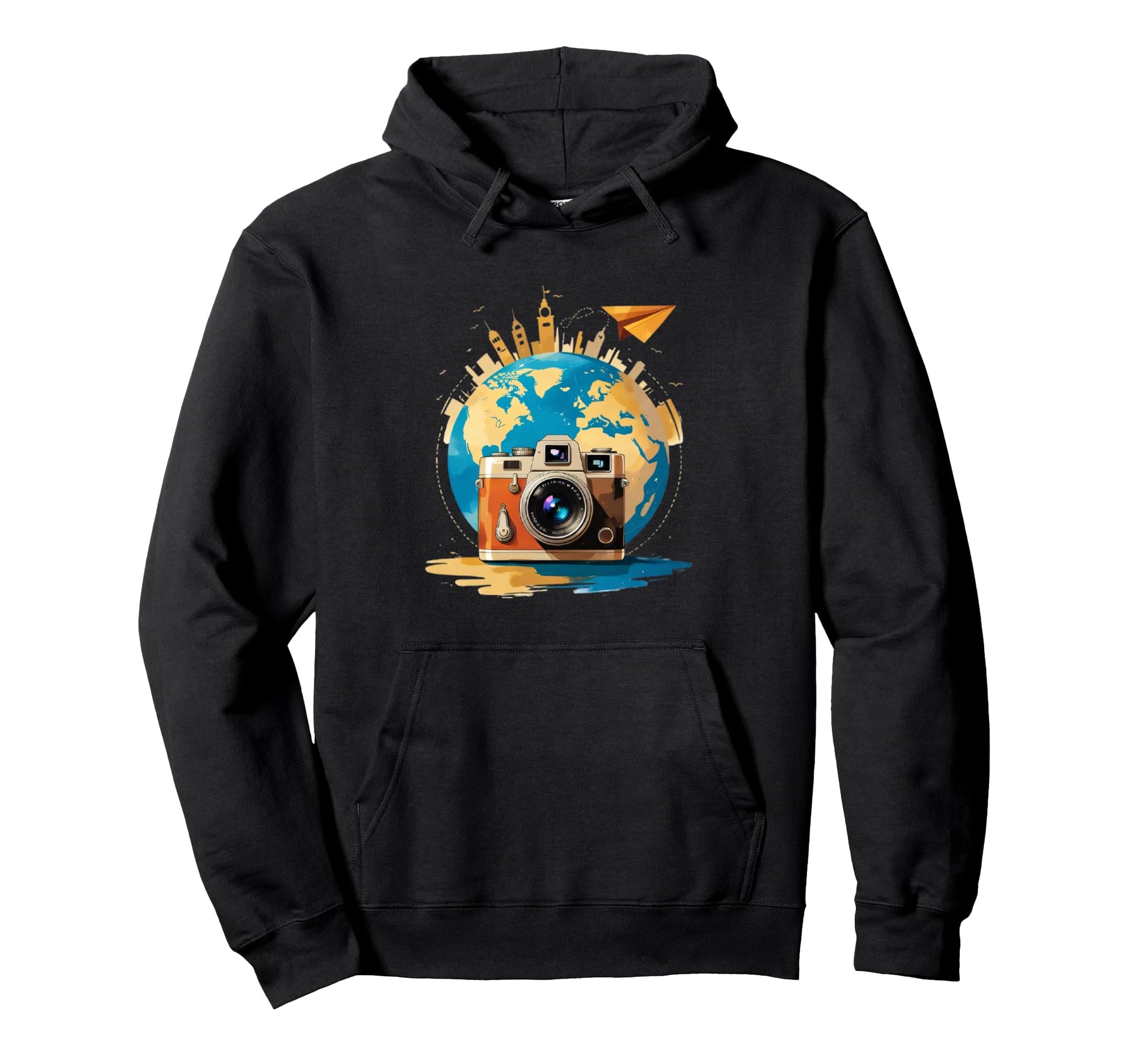 Camera And Globe Travel Art Hoodie - Streetwear Style for Adults - T-Shirt, Sweatshirt, Hoodie