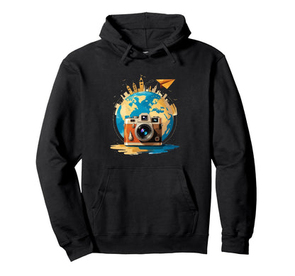 Camera And Globe Travel Art Hoodie - Streetwear Style for Adults - T-Shirt, Sweatshirt, Hoodie