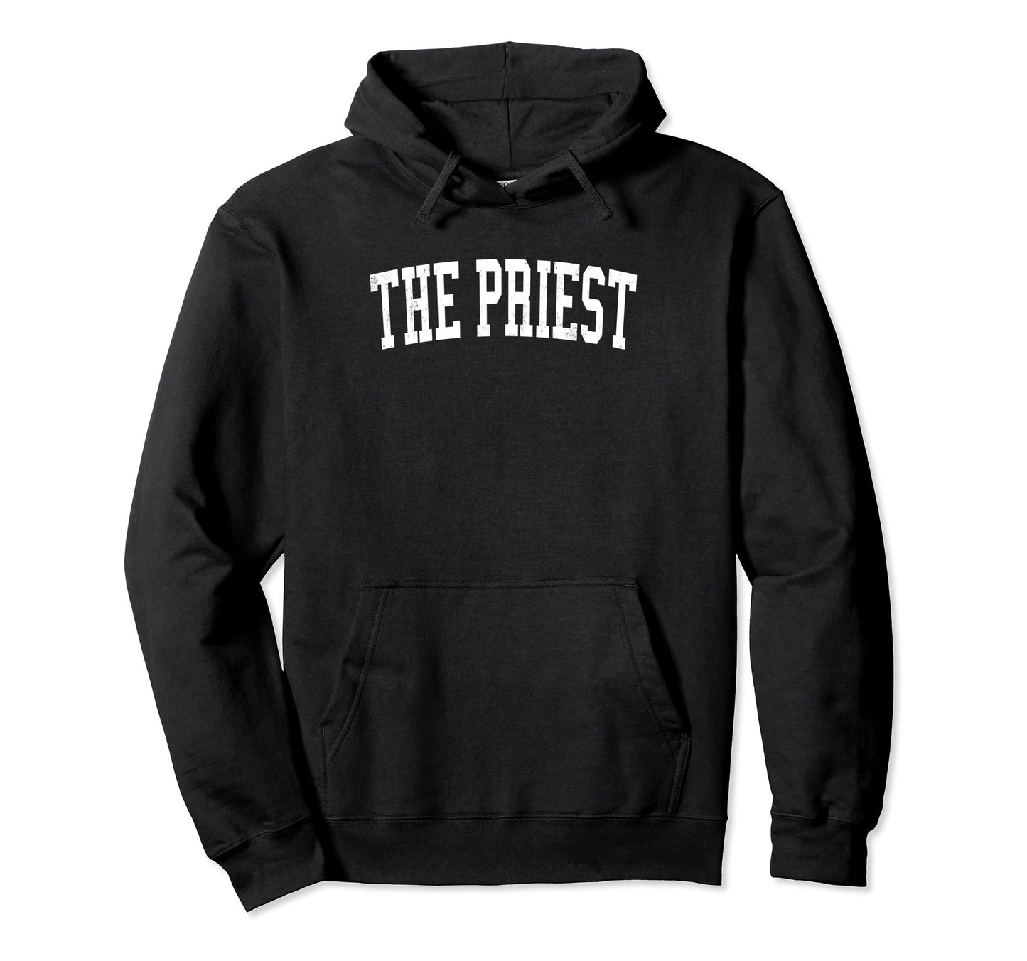 Priest Distressed White Varsity Hoodie - Trendy Graphic Unisex - T-Shirt, Sweatshirt, Hoodie