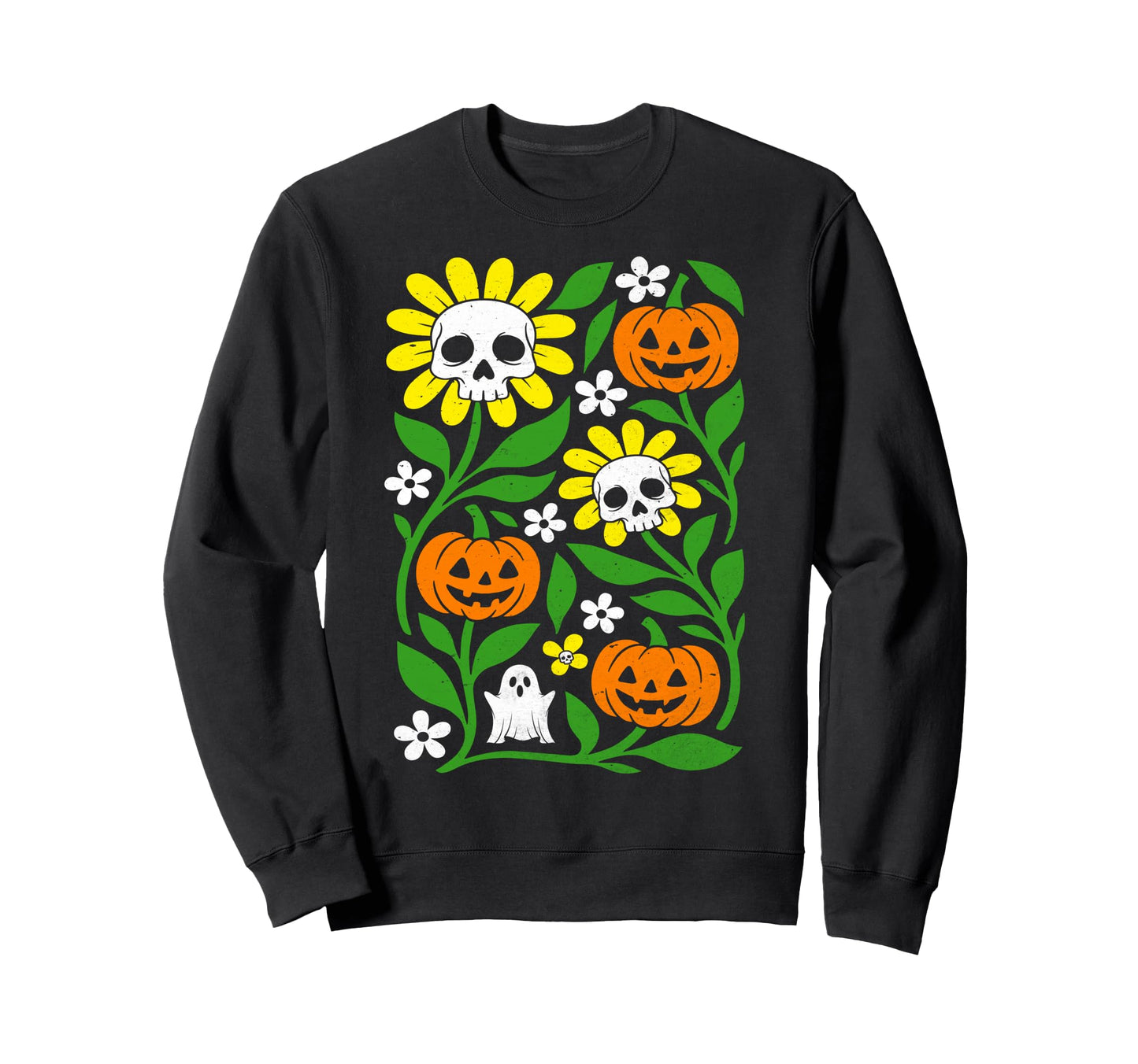 Boho Flower Pumpkin Skull Ghost Sweatshirt - Minimalist Print for Adults - T-Shirt, Sweatshirt, Hoodie