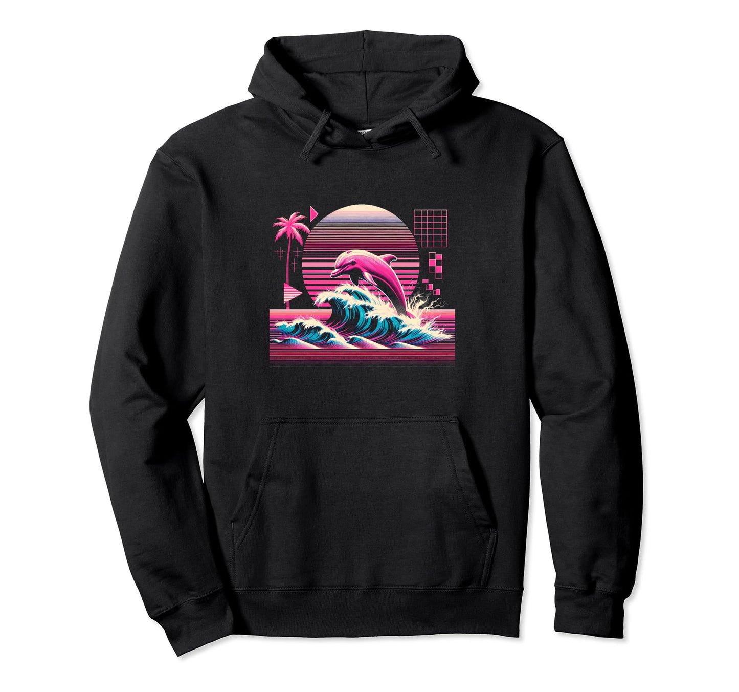 Palm Sunset Dolphin 80S 90S Vaporwave Hoodie - Streetwear Style for Adults - T-Shirt, Sweatshirt, Hoodie