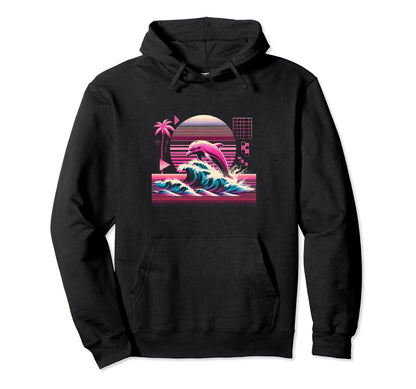 Palm Sunset Dolphin 80S 90S Vaporwave Hoodie - Streetwear Style for Adults - T-Shirt, Sweatshirt, Hoodie