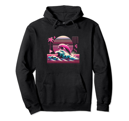 Palm Sunset Dolphin 80S 90S Vaporwave Hoodie - Streetwear Style for Adults - T-Shirt, Sweatshirt, Hoodie