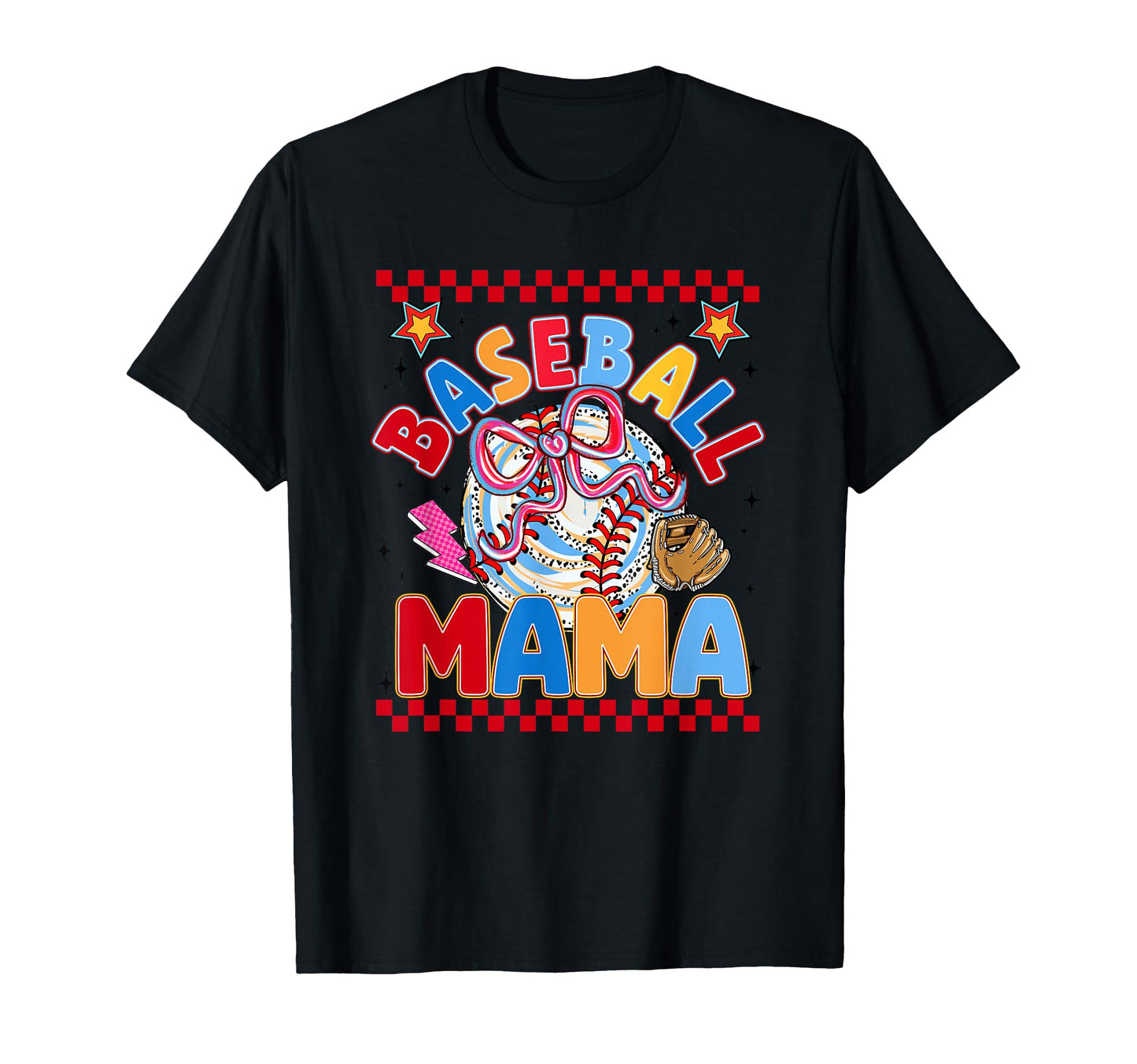 Baseball Mama Bow Glove Checkered Game T-Shirt - Graphic Print Men Women - T-Shirt, Sweatshirt, Hoodie