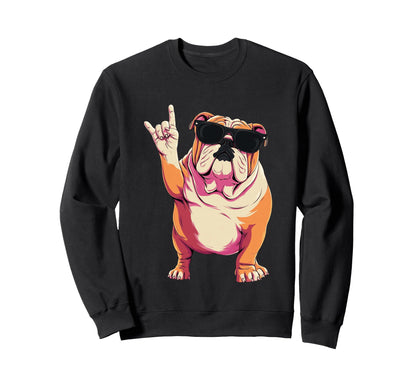 English Bulldog Rock Hand Sign Sweatshirt - Streetwear Style for Adults - T-Shirt, Sweatshirt, Hoodie