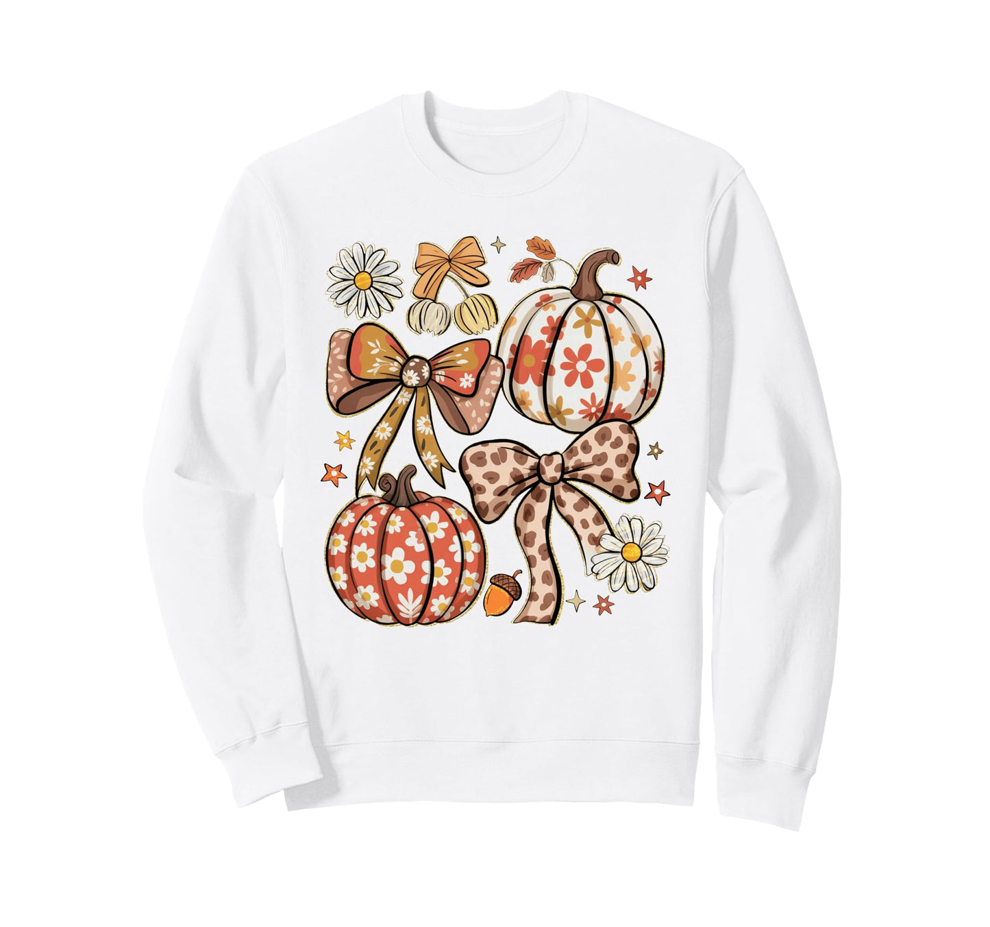Boho Fall Pumpkins Daisies Bows Sweatshirt - Minimalist Print for Adults - T-Shirt, Sweatshirt, Hoodie