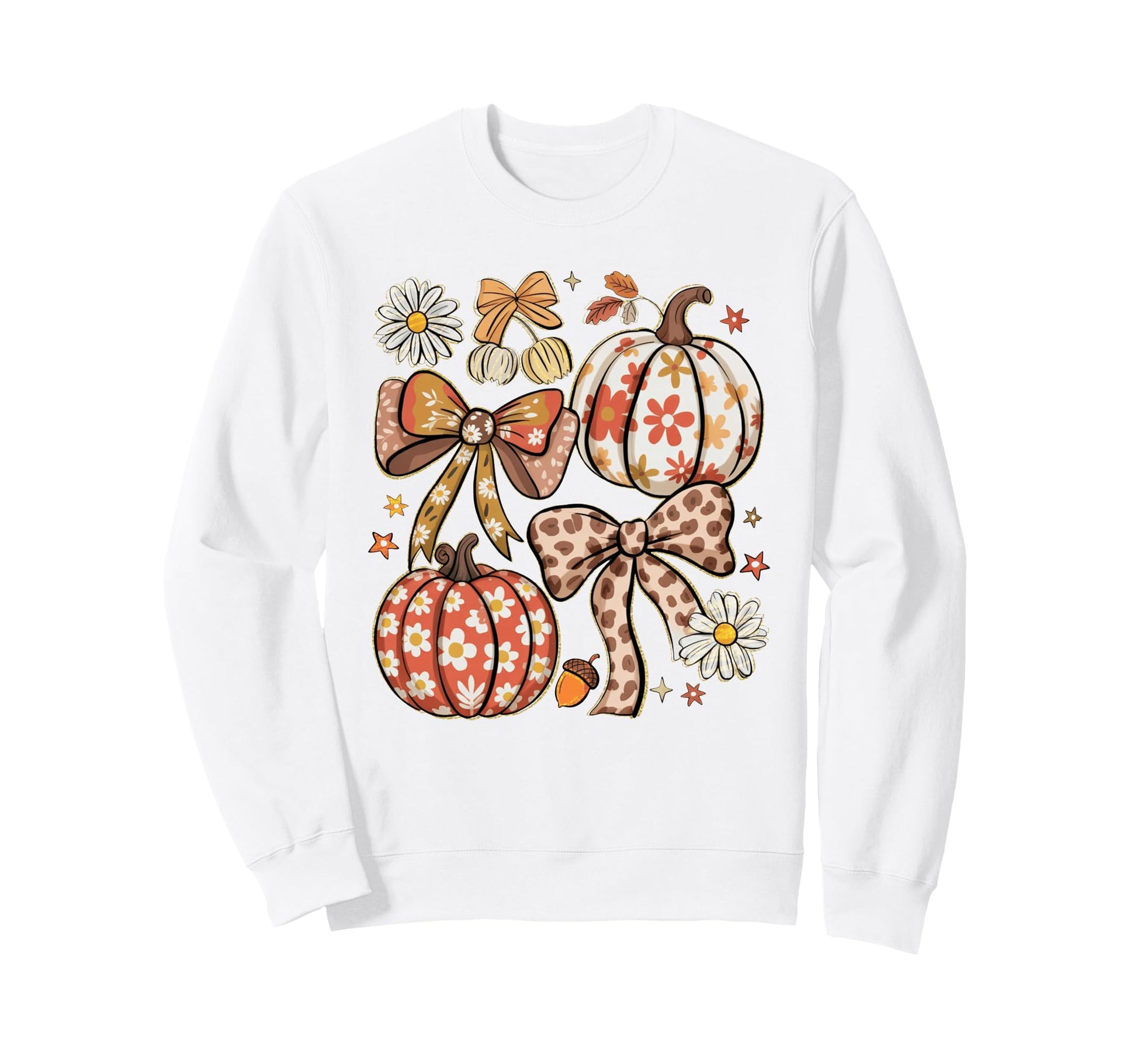 Boho Fall Pumpkins Daisies Bows Sweatshirt - Minimalist Print for Adults - T-Shirt, Sweatshirt, Hoodie