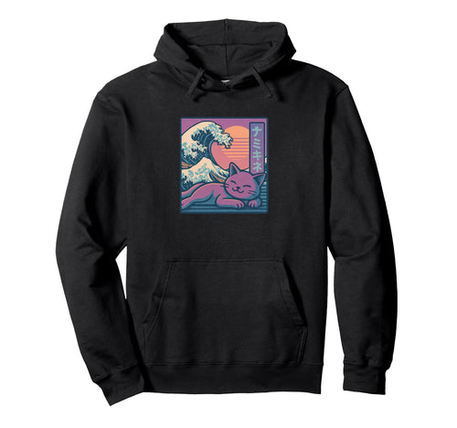 Chill Cat Vaporwave Sun And Ocean Hoodie - Aesthetic Graphic Men Women - T-Shirt, Sweatshirt, Hoodie