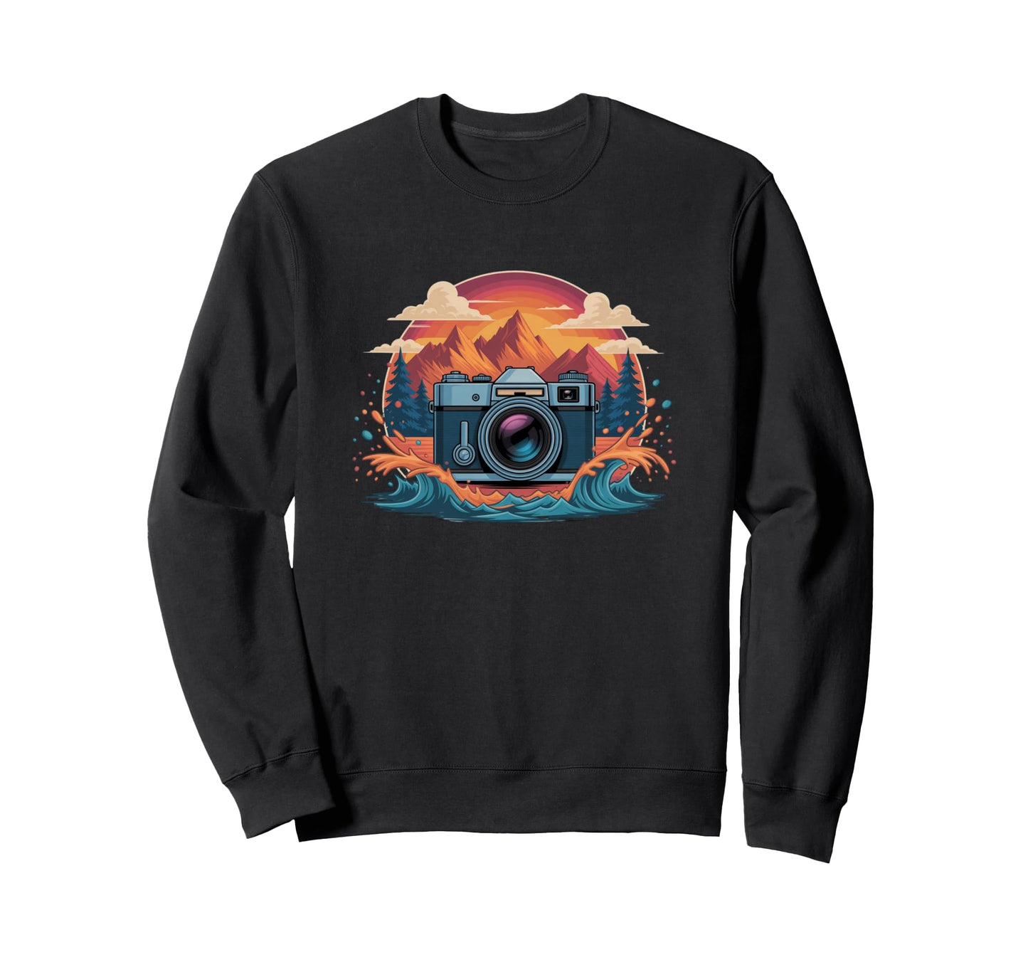 Camera Mountain Sunset Waves Sweatshirt - Minimalist Print Unisex - T-Shirt, Sweatshirt, Hoodie