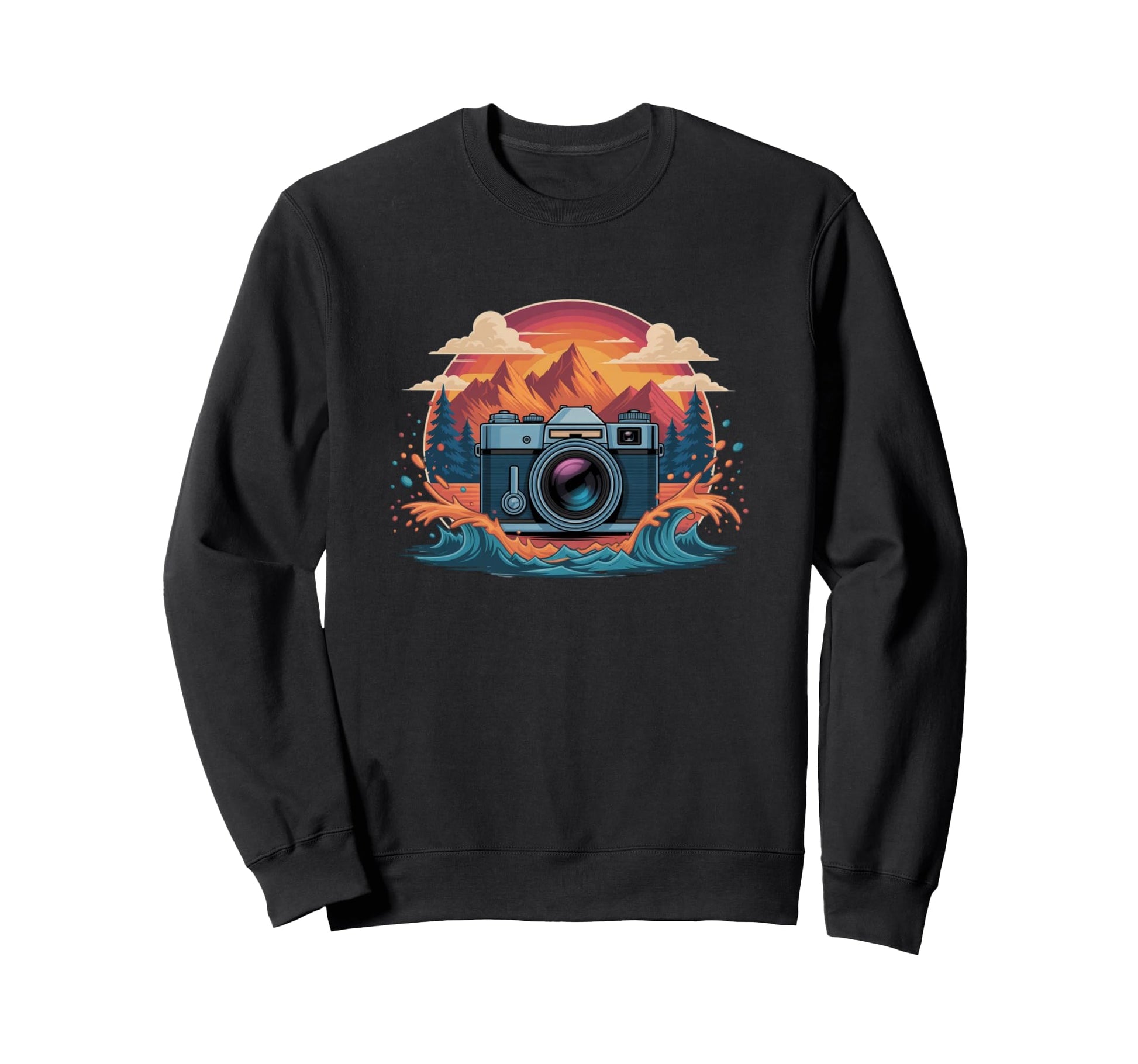Camera Mountain Sunset Waves Sweatshirt - Minimalist Print Unisex - T-Shirt, Sweatshirt, Hoodie