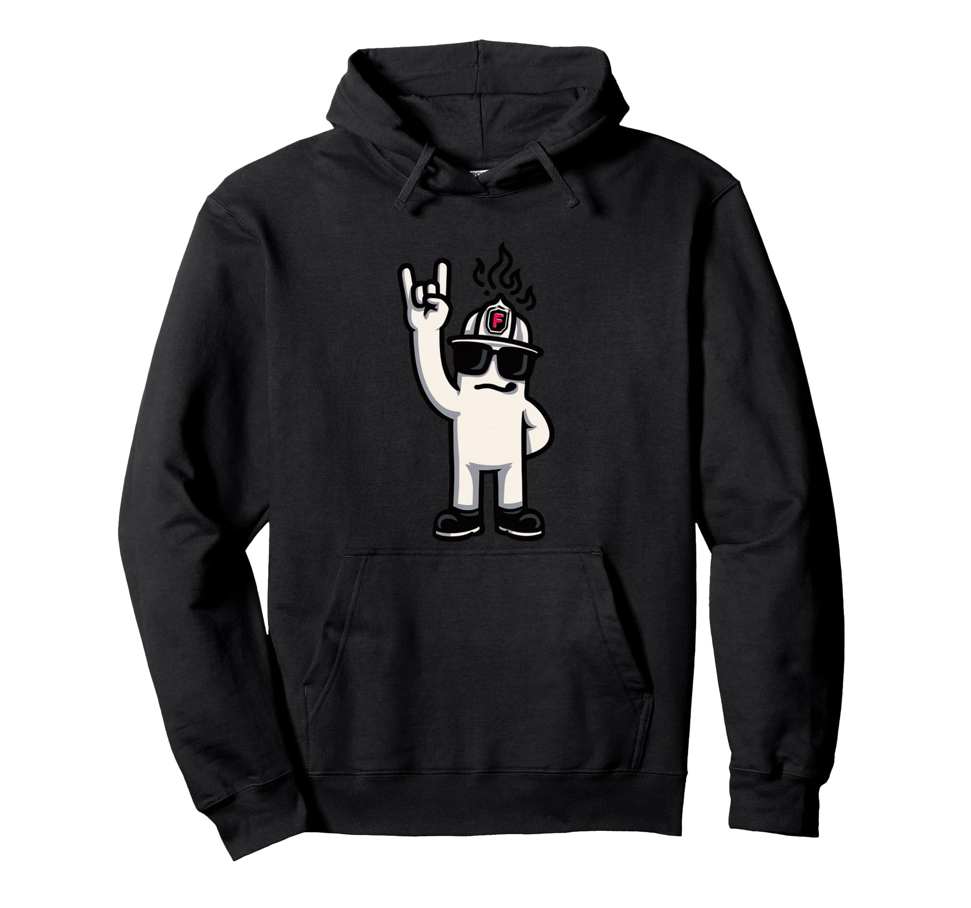 Firefighter Mascot Rock Hand Sign Rescue Fire Hoodie - Graphic Print Unisex - T-Shirt, Sweatshirt, Hoodie
