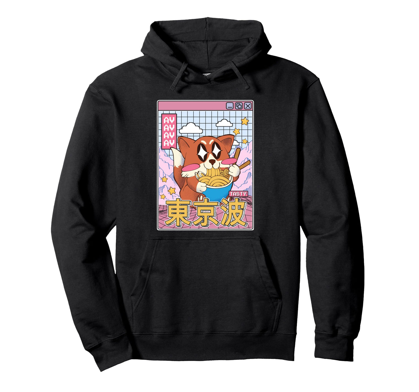 Happy Fox Eating Ramen Vaporwave Aesthetic Hoodie - Trendy Graphic Unisex - T-Shirt, Sweatshirt, Hoodie