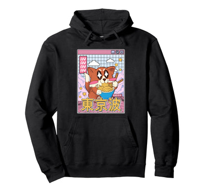 Happy Fox Eating Ramen Vaporwave Aesthetic Hoodie - Trendy Graphic Unisex - T-Shirt, Sweatshirt, Hoodie