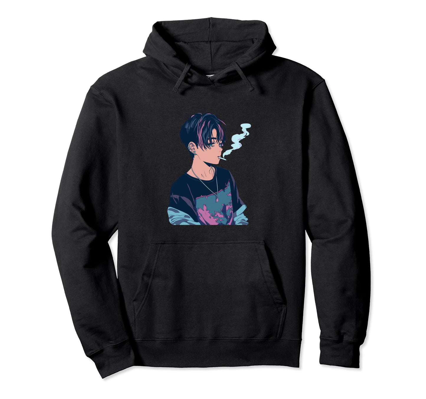 Anime Smoking Sad Japanese Glitch Hoodie - Streetwear Style Unisex - T-Shirt, Sweatshirt, Hoodie