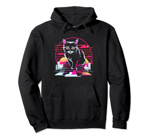 Sunset Vaporwave Aesthetic Cat Hoodie - Streetwear Style for Adults - T-Shirt, Sweatshirt, Hoodie