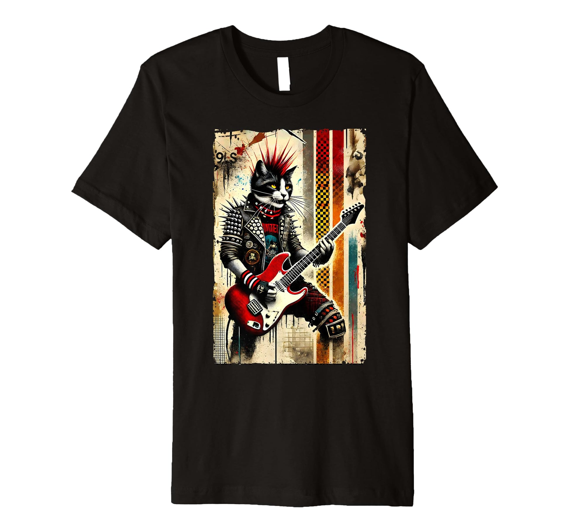 Distressed Cat Playing Guitar 90S Punk T-Shirt - Graphic Print for Adults - T-Shirt, Sweatshirt, Hoodie