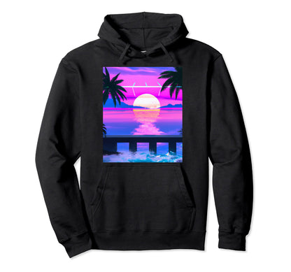 Hawaii Vaporwave Sunset Synthwave Hoodie - Fun Novelty Design Men Women - T-Shirt, Sweatshirt, Hoodie